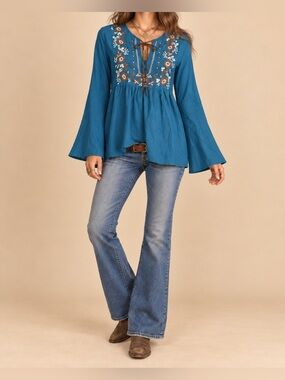 NWOT Vintage Angie Teal Embroidered Boho Tunic Top Medium